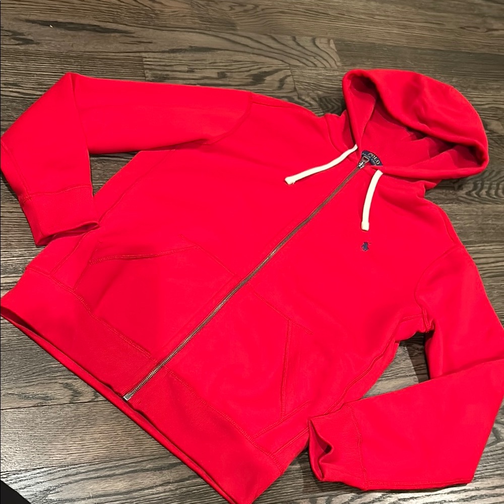 Polo Ralph Lauren red hoodie with white drawstrings. Size medium.